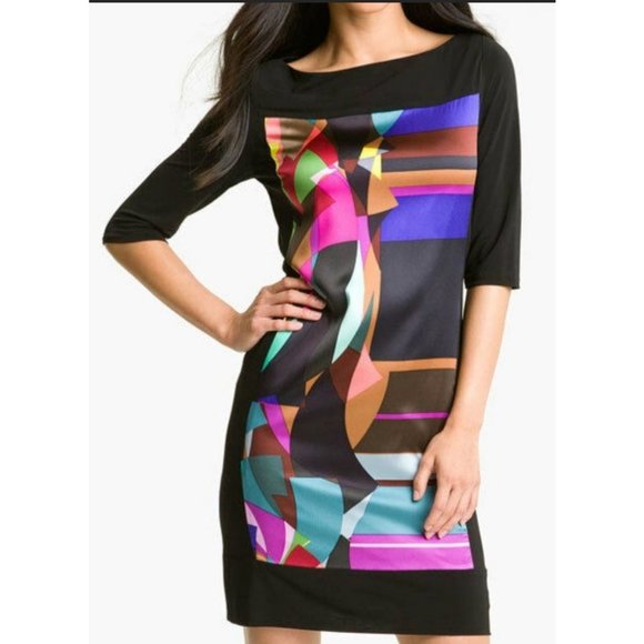 Suzi Chin Dress 16 Silk Panel Colorful Black Stretch Career Church NEW - Picture 1 of 8